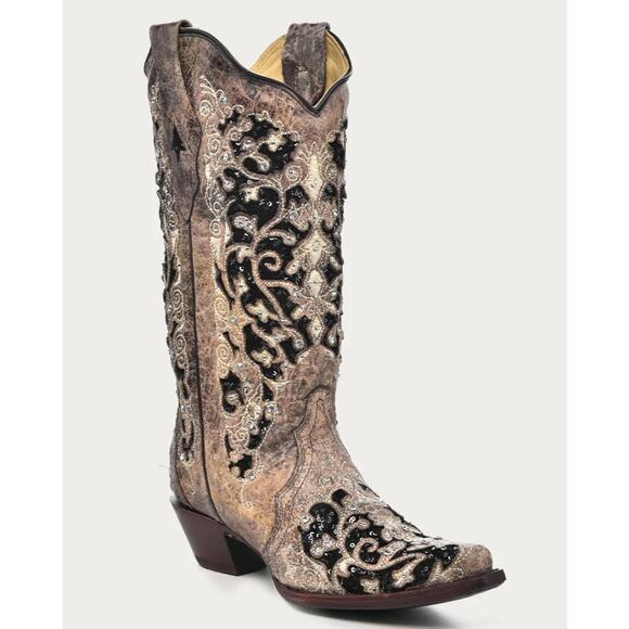 Corral Black Glitter Inlay Floral Overlay Crystals Studs Snip Toe Boot Size 7.5 - Picture 1 of 14